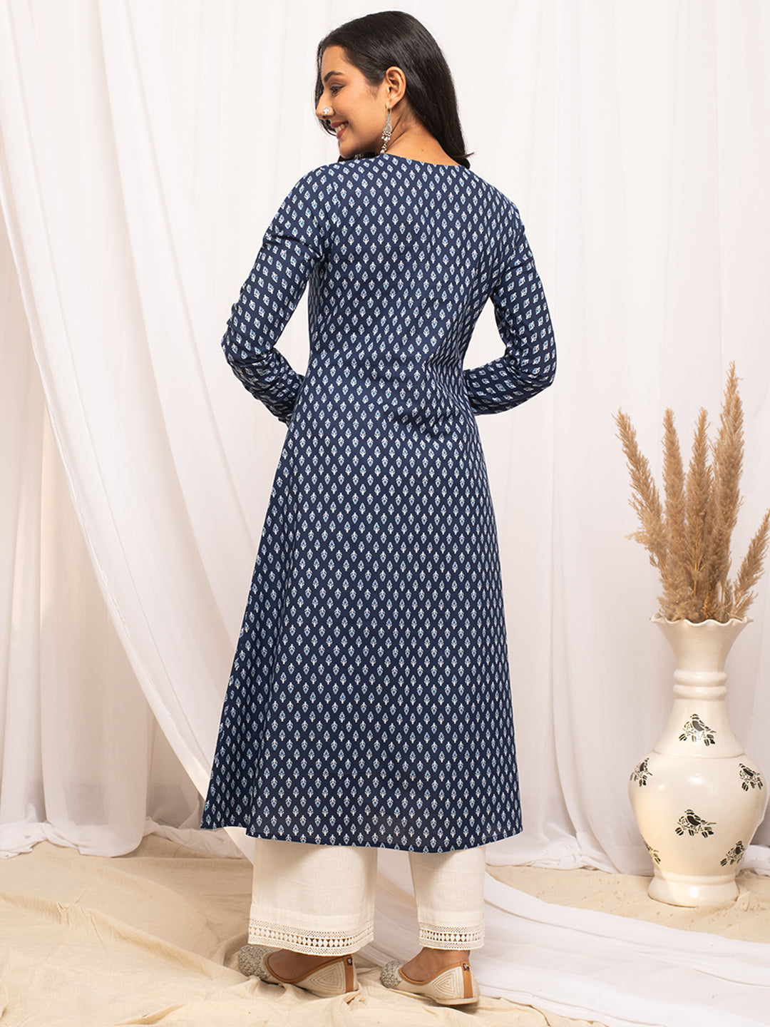 FIORRA Women's Floral Printed Navy Blue Cotton A-Line Kurta